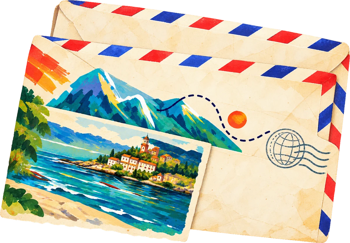 Airmail envelopes and a painted postcard of a seaside town