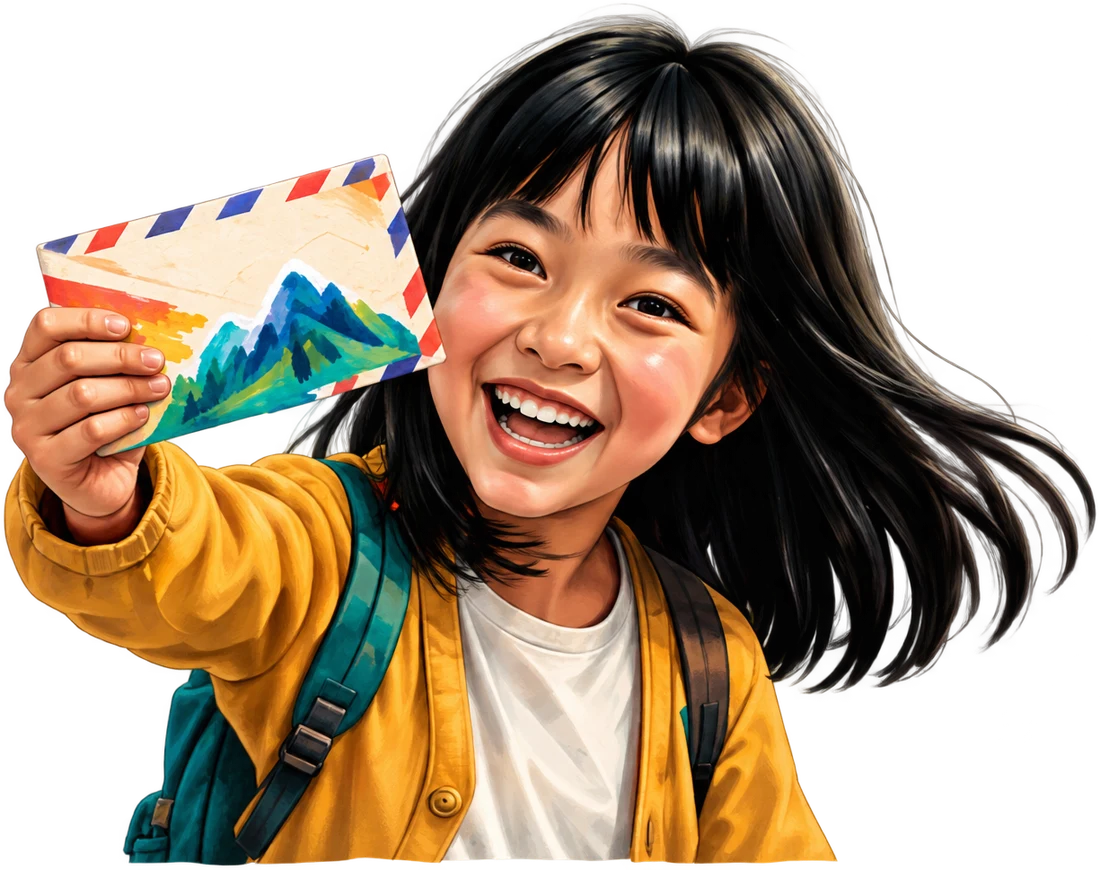 A smiling girl holding up an airmail envelope