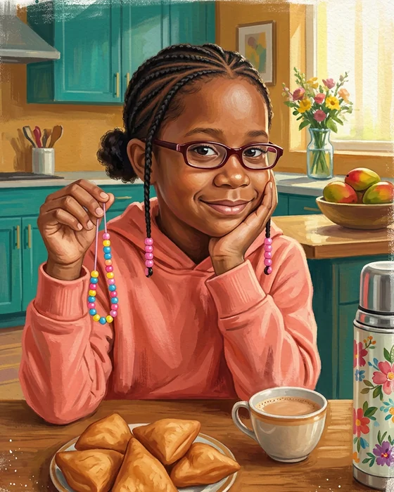 Amara at her kitchen table holding a string of beads