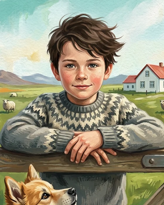 Einar leaning on a farm gate beside his sheepdog