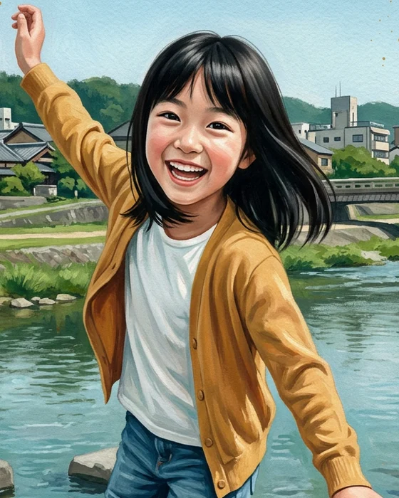 Hana hopping across river stepping stones